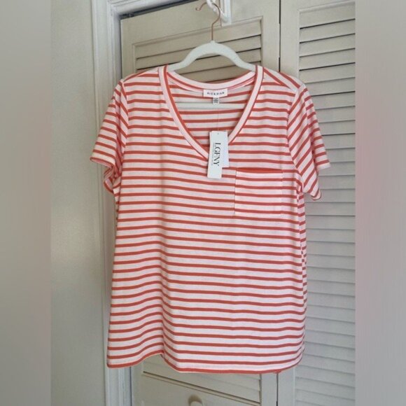 NWT Rio & Rian Coral & White Striped V-Neck Tee Shirt Size XL - Picture 1 of 6